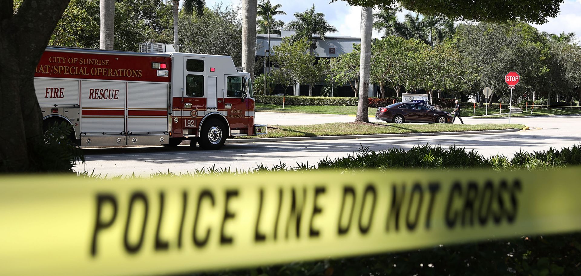 The bomb squad of the Broward County Sheriff's Office uses a robotic vehicle to investigate a suspicious package at the building housing an office for U.S. Rep. Debbie Wasserman Schultz (D-FL)  in Sunrise, Florida, on Oct. 24, 2018. 