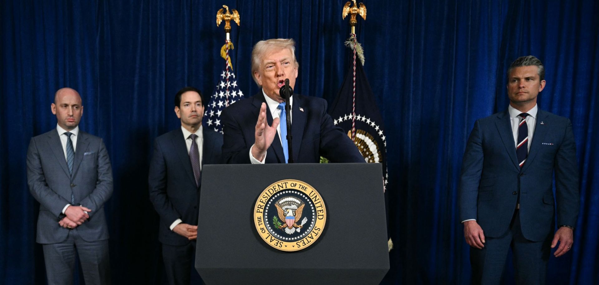 U.S. President Donald Trump, alongside (left to right) Deputy Chief of Staff Stephen Miller, Secretary of State Marco Rubio and Secretary of Defense Pete Hegseth, speaks to the press following U.S. military actions in Venezuela, at his Mar-a-Lago residence in Palm Beach, Florida, on Jan. 3, 2026.
