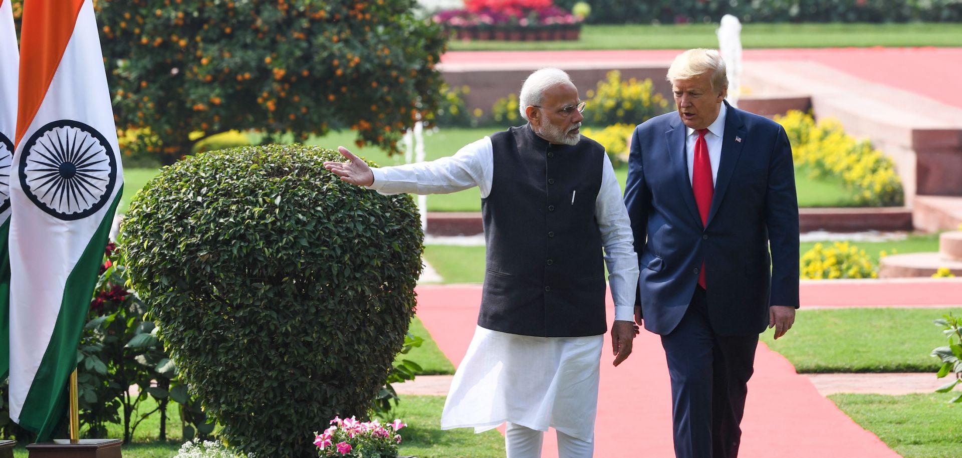 U.S. President-elect Donald Trump (R) and India's Prime Minister Narendra Modi (L) arrive for a joint press conference at Hyderabad House in New Delhi, India, on Feb. 25, 2020.