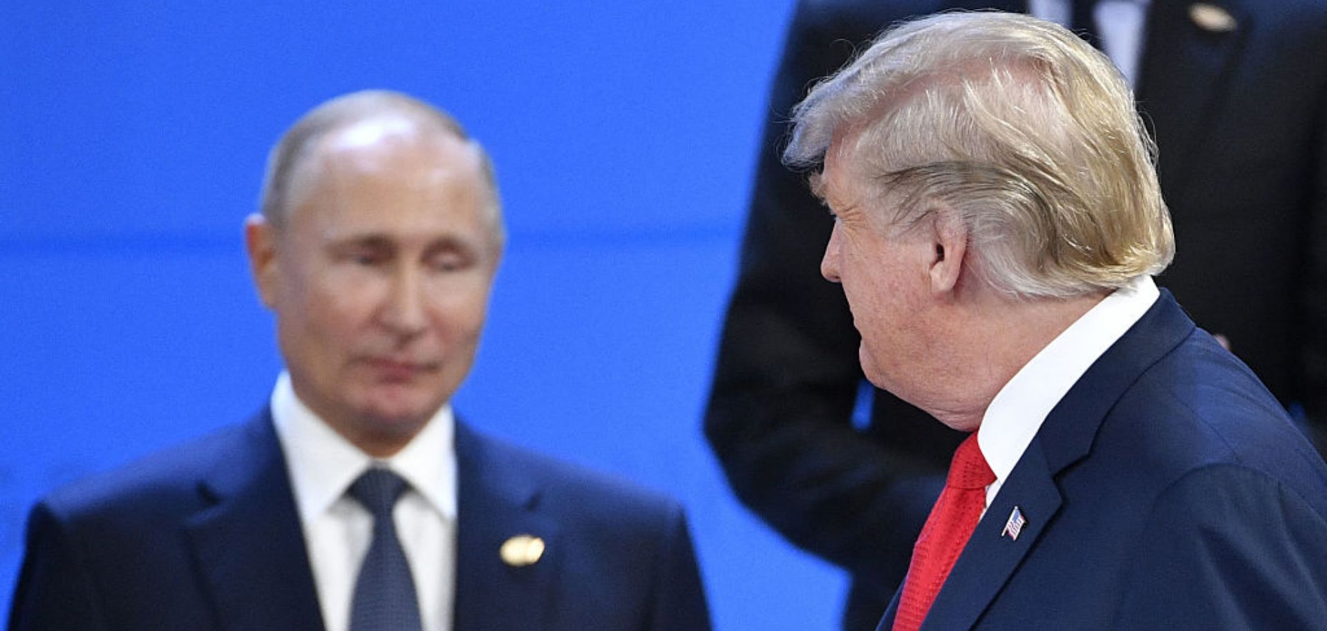 U.S. President Donald Trump (R) looks at Russia's President Vladimir Putin on Nov. 30, 2018, during the G20 Leaders' Summit in Buenos Aires, Argentina.