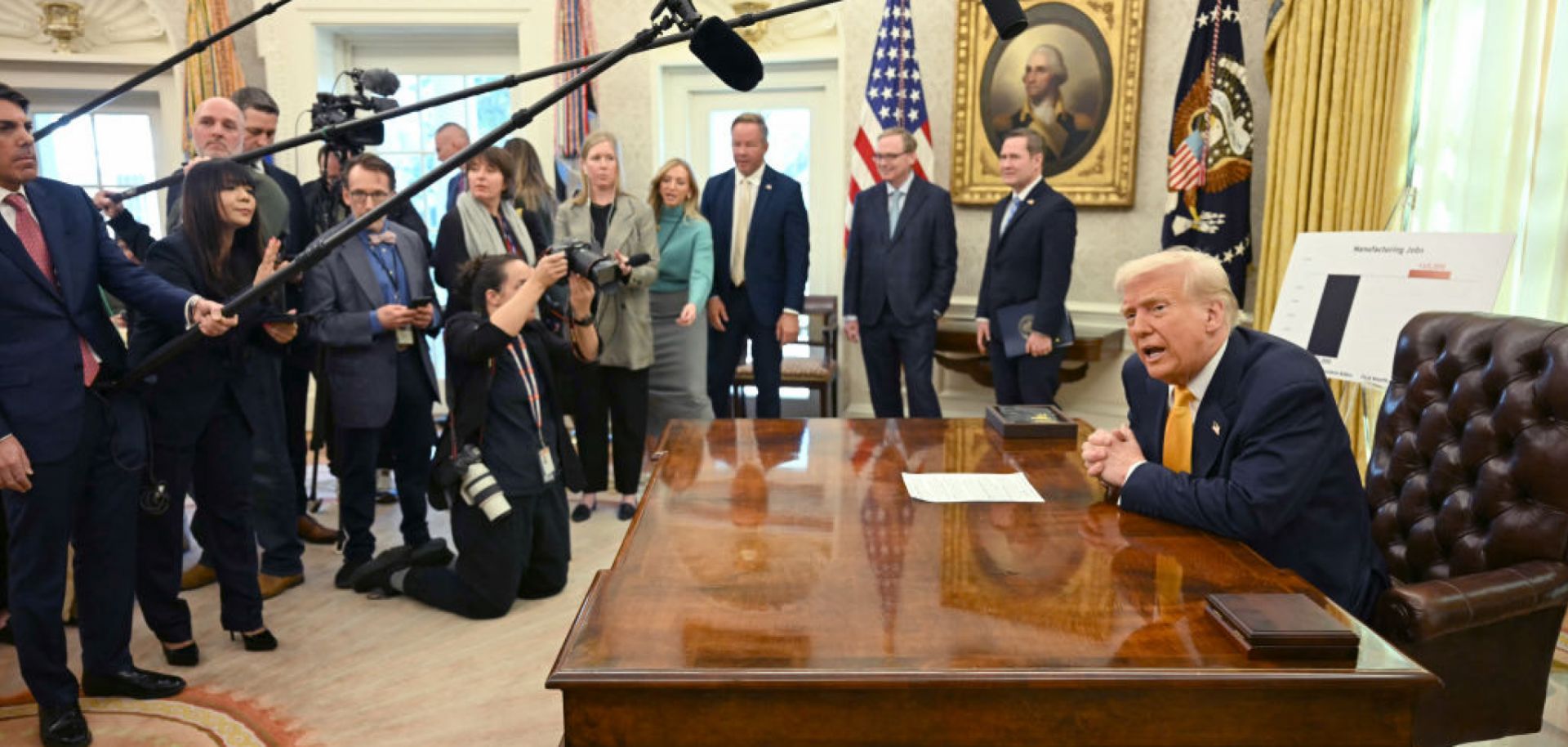 U.S. President Donald Trump speaks from the Oval Office on March 7, 2025, after announcing that tariffs could be imposed on Canadian dairy and lumber products within days. 