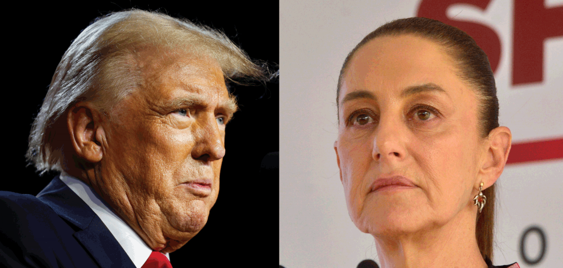 A combination of photos shows U.S. President-elect Donald Trump (left) speaking at an event in West Palm Beach, Florida, and Mexican President Claudia Sheinbaum (right) holding a press conference in Mexico City, Mexico.