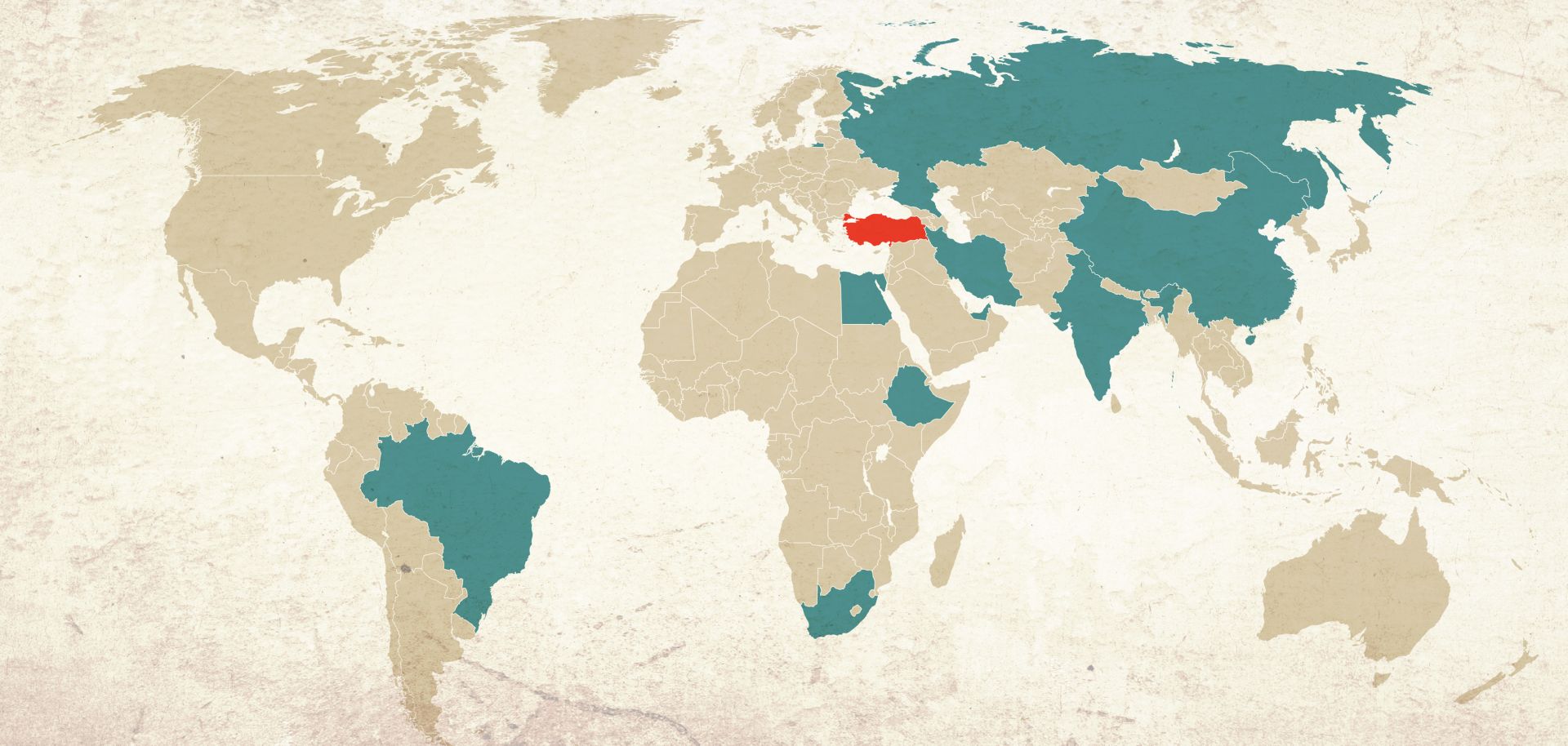 A map illustrating Turkey (in red) and the BRICS countries (in blue).