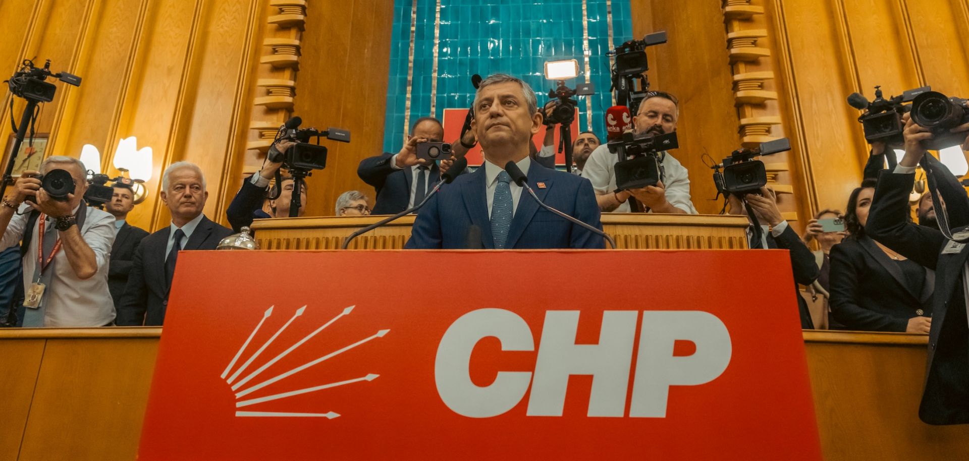 The ousted chair of Turkey's opposition Republican People’s Party, Ozgur Ozel, addresses lawmakers during his party's group meeting in the Turkish parliament on June 2, 2026, in Ankara, Turkey. 