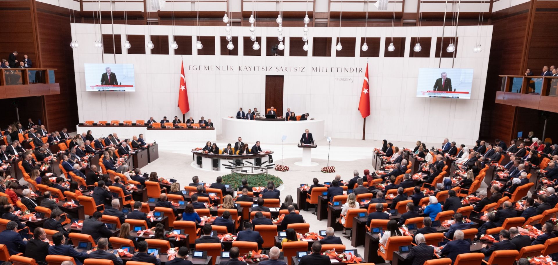 Turkish President Recep Tayyip Erdogan addresses Turkey's parliament on Oct. 1, 2024, in Ankara. 