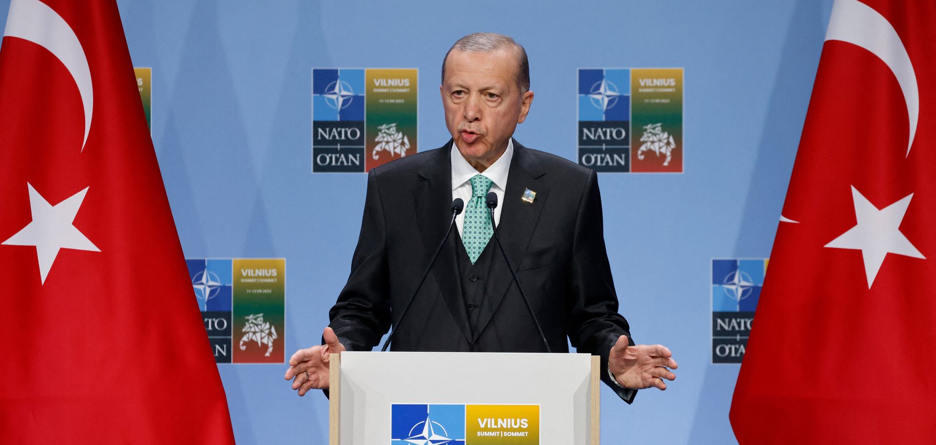 Turkish President Recep Tayyip Erdogan gives a press conference during the NATO Summit in Vilnius, Lithuania, on July 12, 2023.