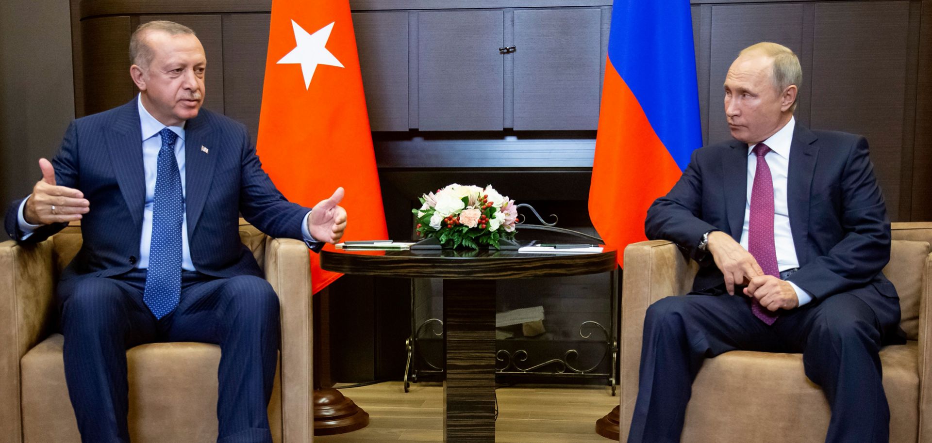 Turkish President Recep Tayyip Erdogan, left, meets with Russian President Vladimir Putin on Sept. 17, 2018, in Sochi, Russia.