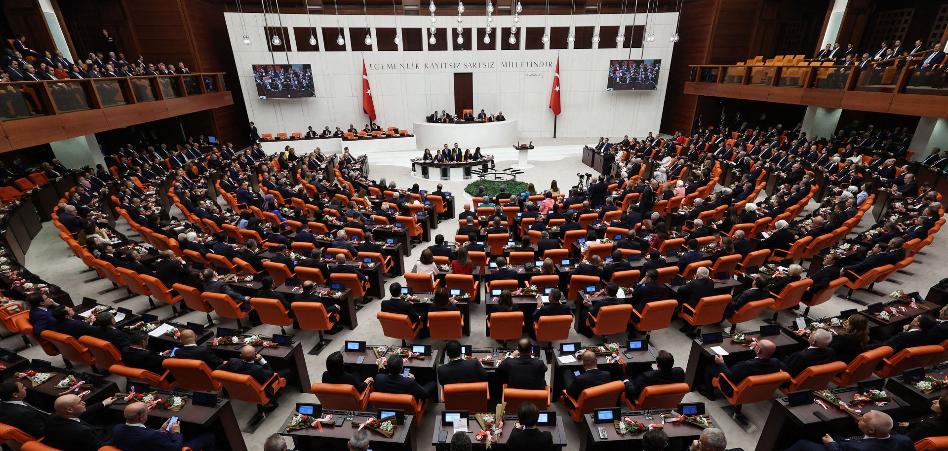 Turkish President Recep Tayyip Erdogan attends the 28th term deputies' oath-taking ceremony at the Turkish Grand National Assembly on June 2, 2023, in Ankara.