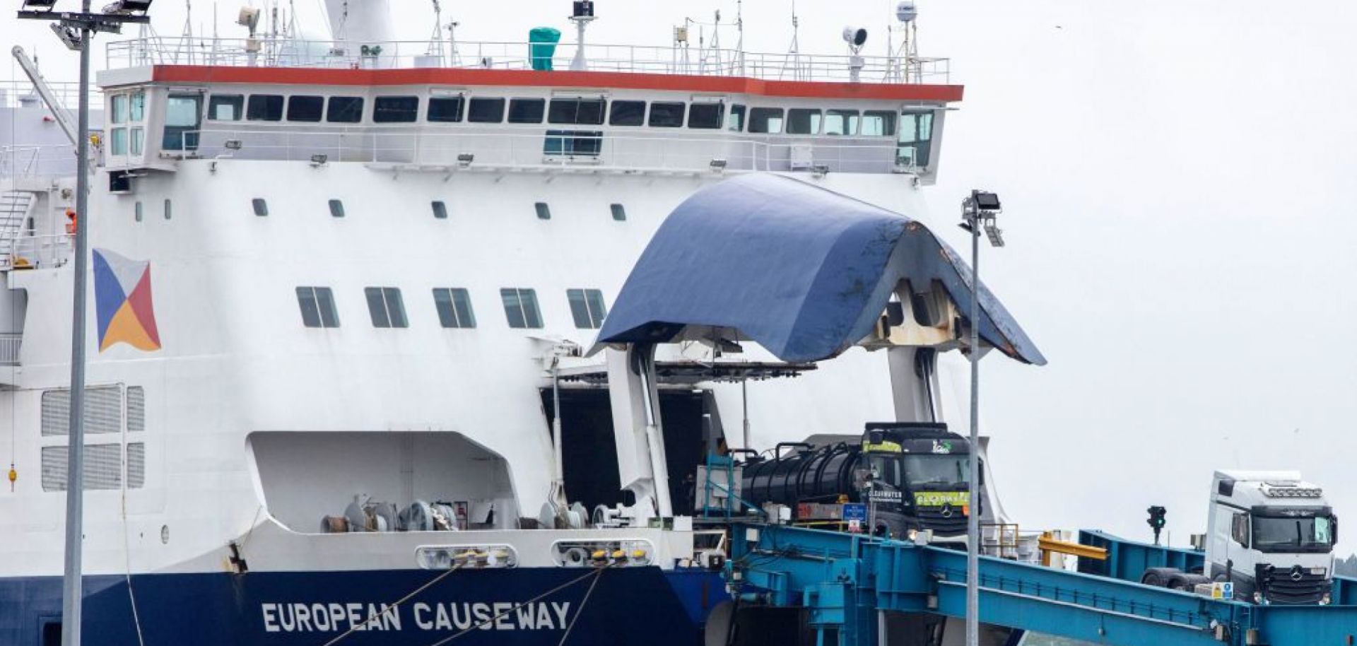 Trucks on May 17, 2022, disembark a ferry at Larne port, north of Belfast, Northern Ireland.