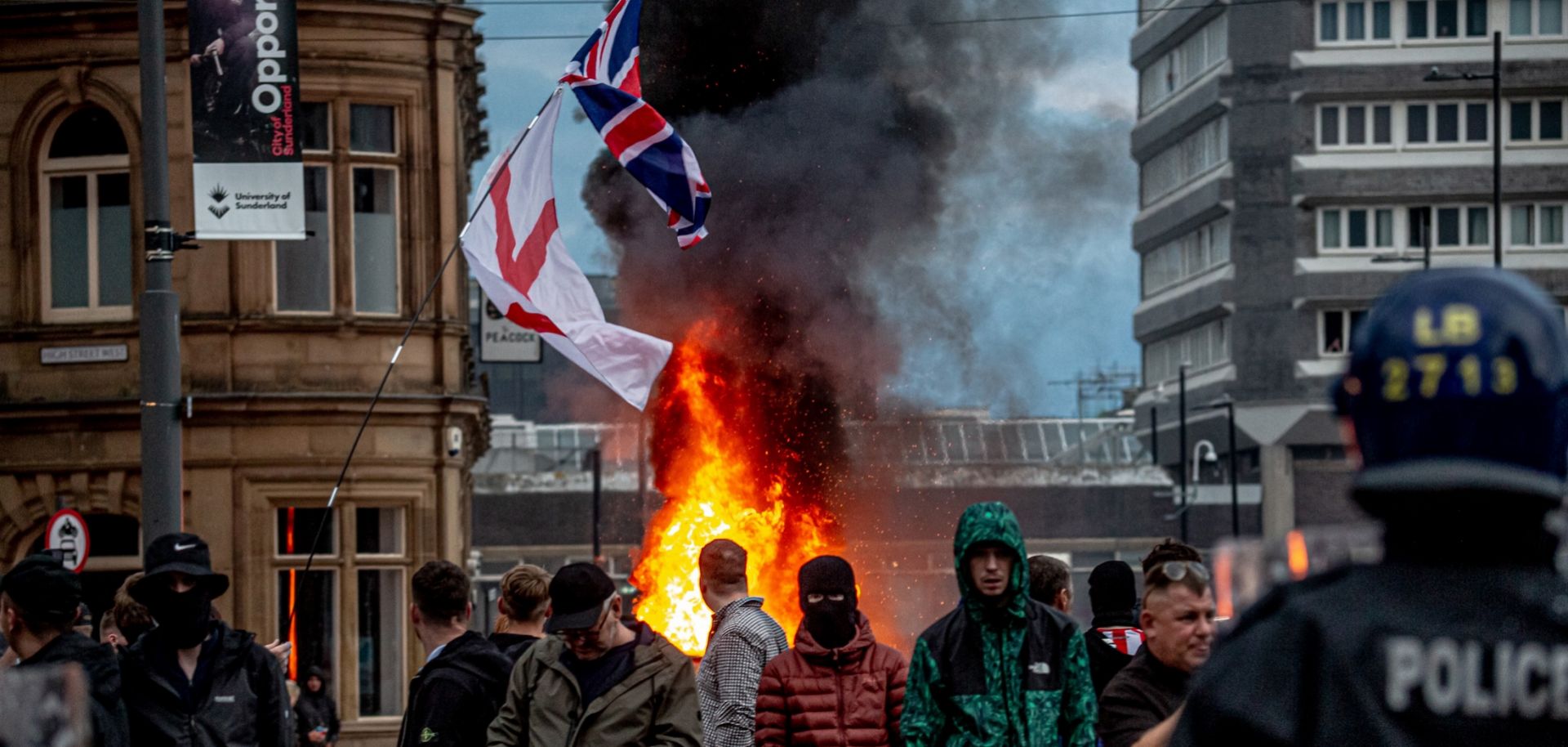 Far-right activists gather in Sunderland, England, on Aug. 2, 2024, after misinformation spread via social media falsely attributed to a Muslim migrant to the recent murders of three girls in Southport.