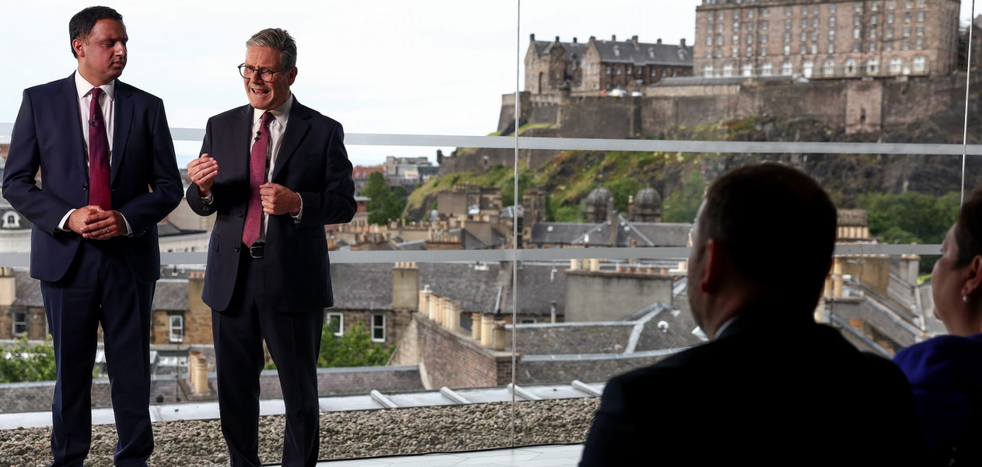 Labour leader and Prime Minister Sir Keir Starmer (R) speaks with Scottish Labour leader Anas Sarwar (L) on July 07, 2024 in Edinburgh, Scotland. 