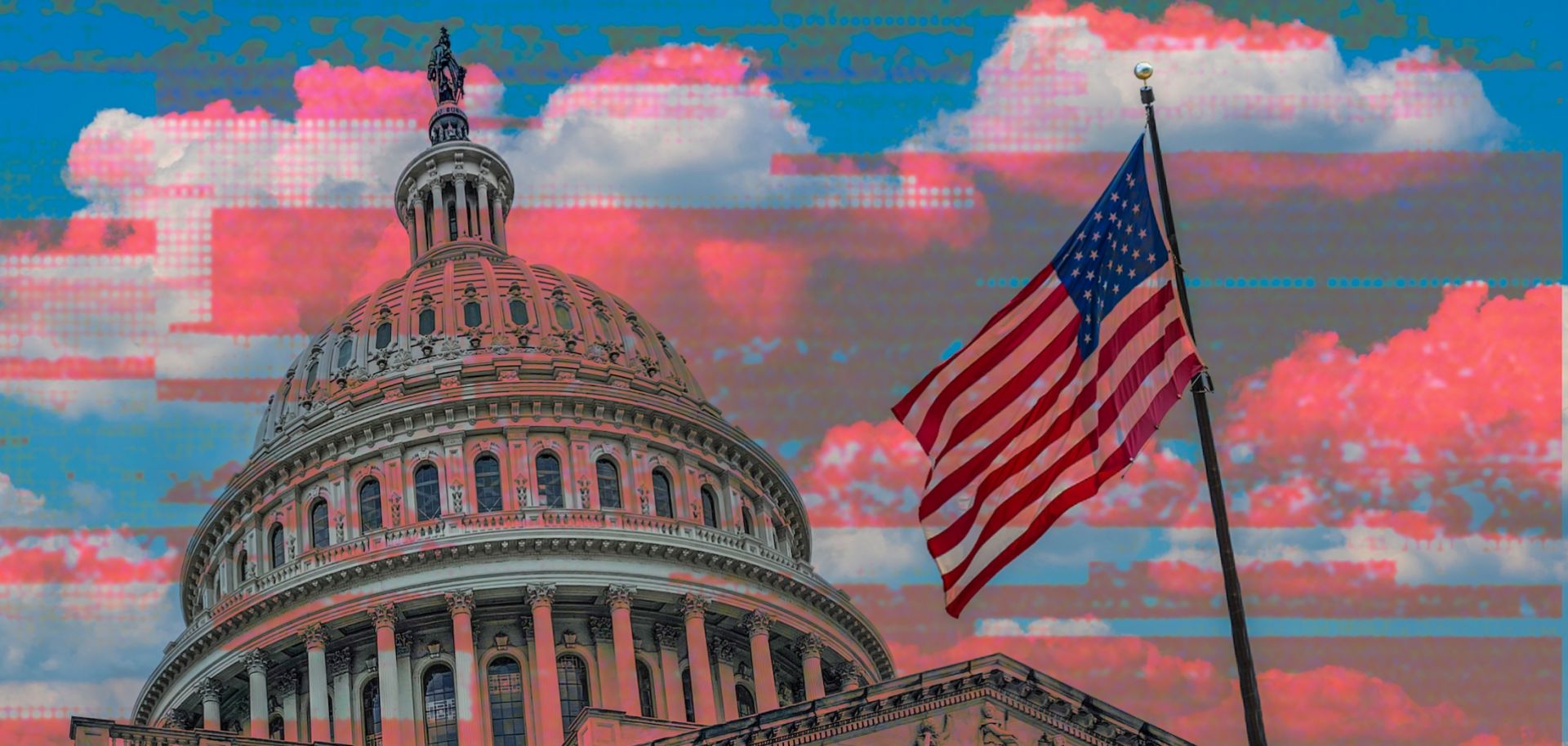 A photo of the U.S. Capitol overlaid with a pixilated blue and red pattern.