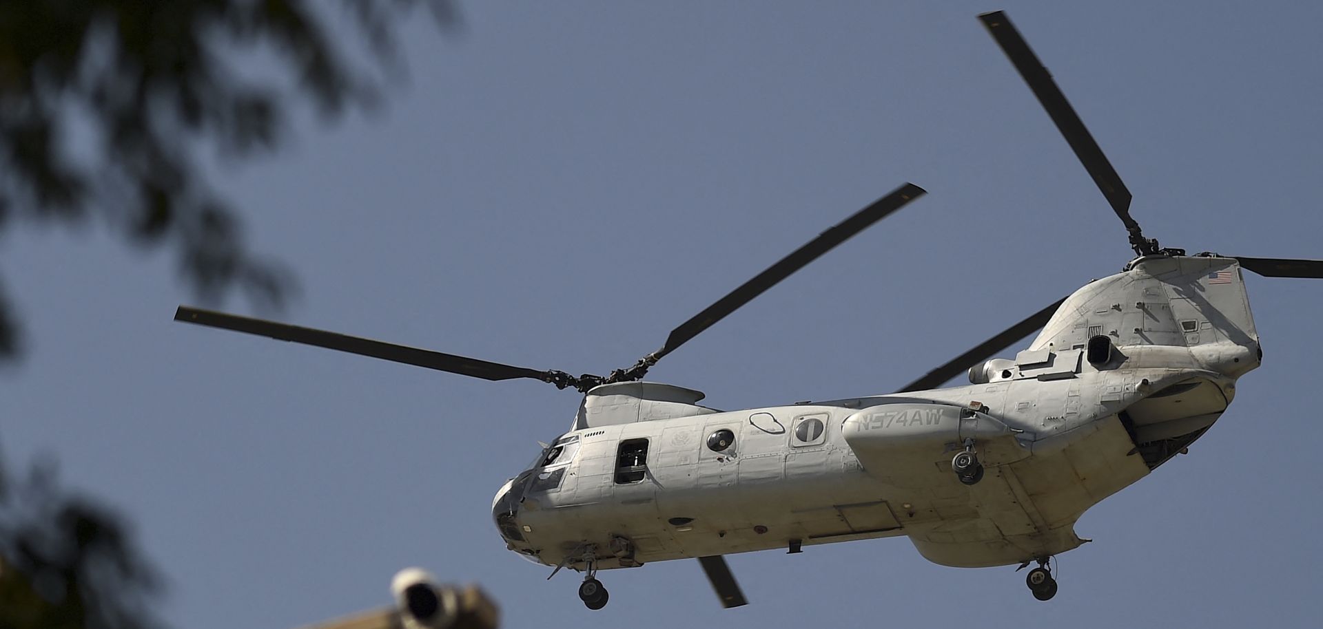 A U.S. military helicopter flies toward the Green Zone in Kabul, Afghanistan, on July 1, 2021.