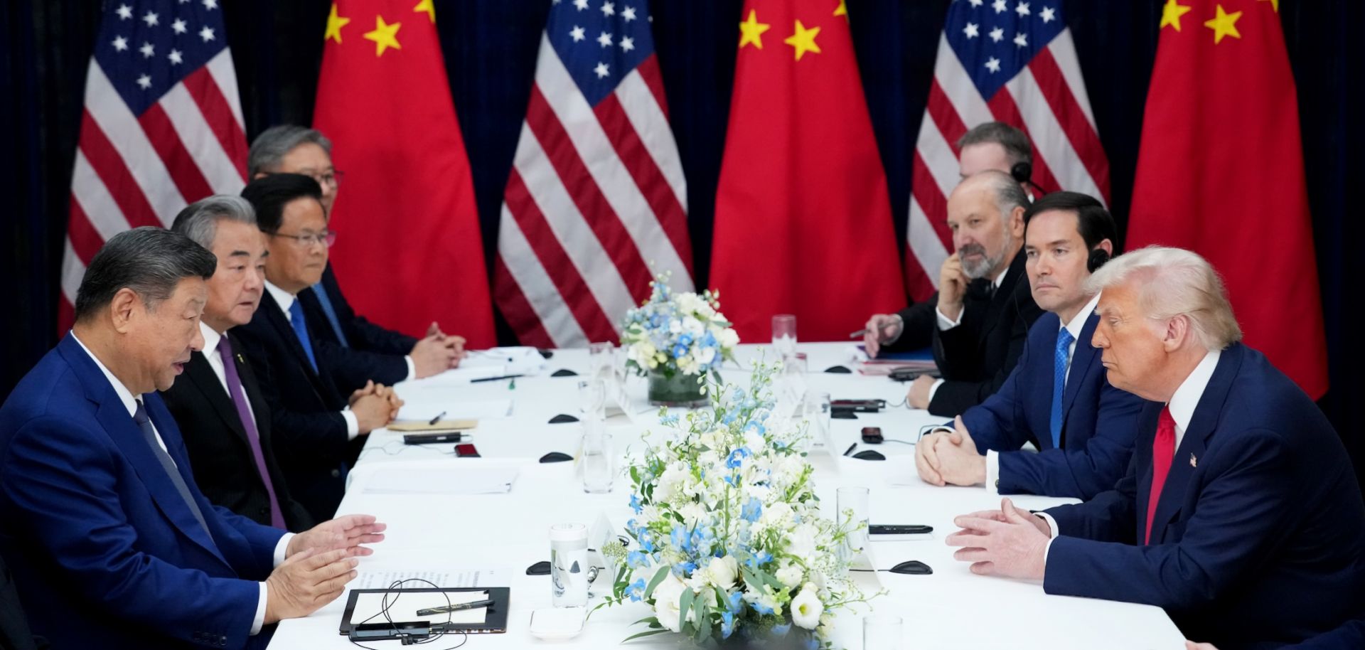 U.S. President Donald Trump (right) and Chinese President Xi Jinping attend a bilateral meeting in Busan, South Korea, on Oct. 30, 2025.