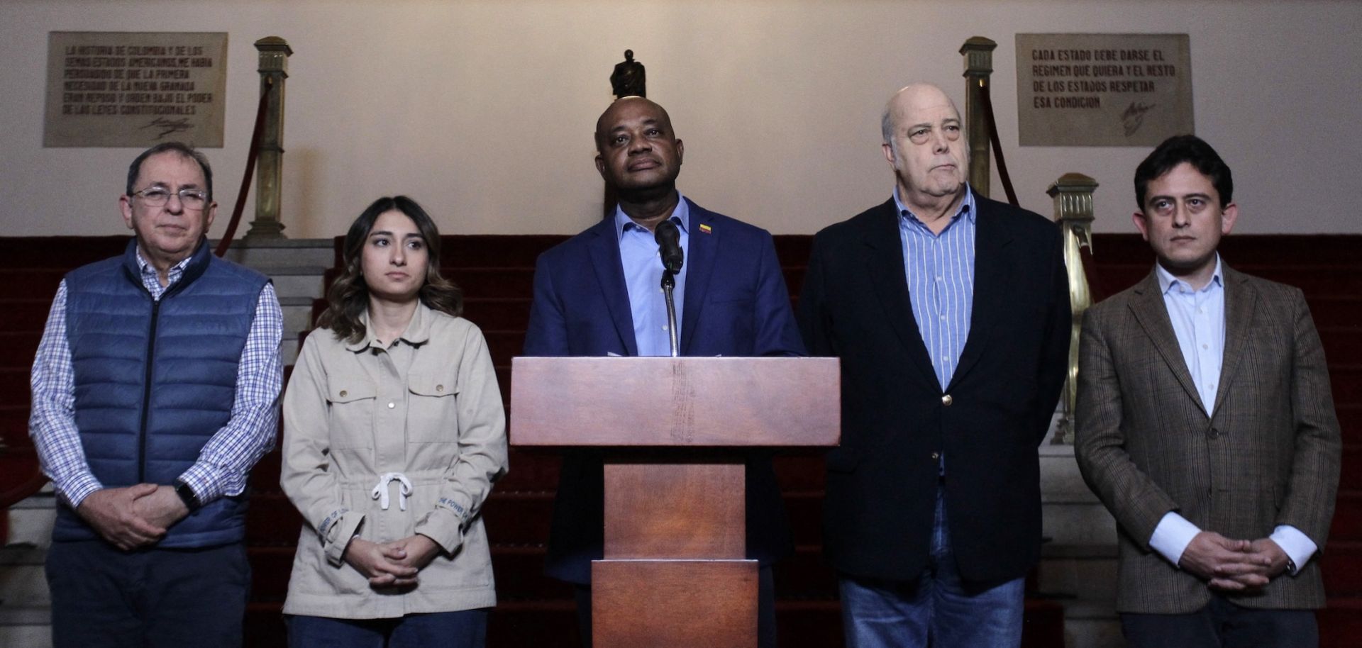 Colombian Foreign Relations Minister Luis Gilberto Murillo (C) looks on with other Colombian officials during a Jan. 26 press conference on a diplomatic dispute with the United States at the San Carlos Palace in Bogota, Colombia. 