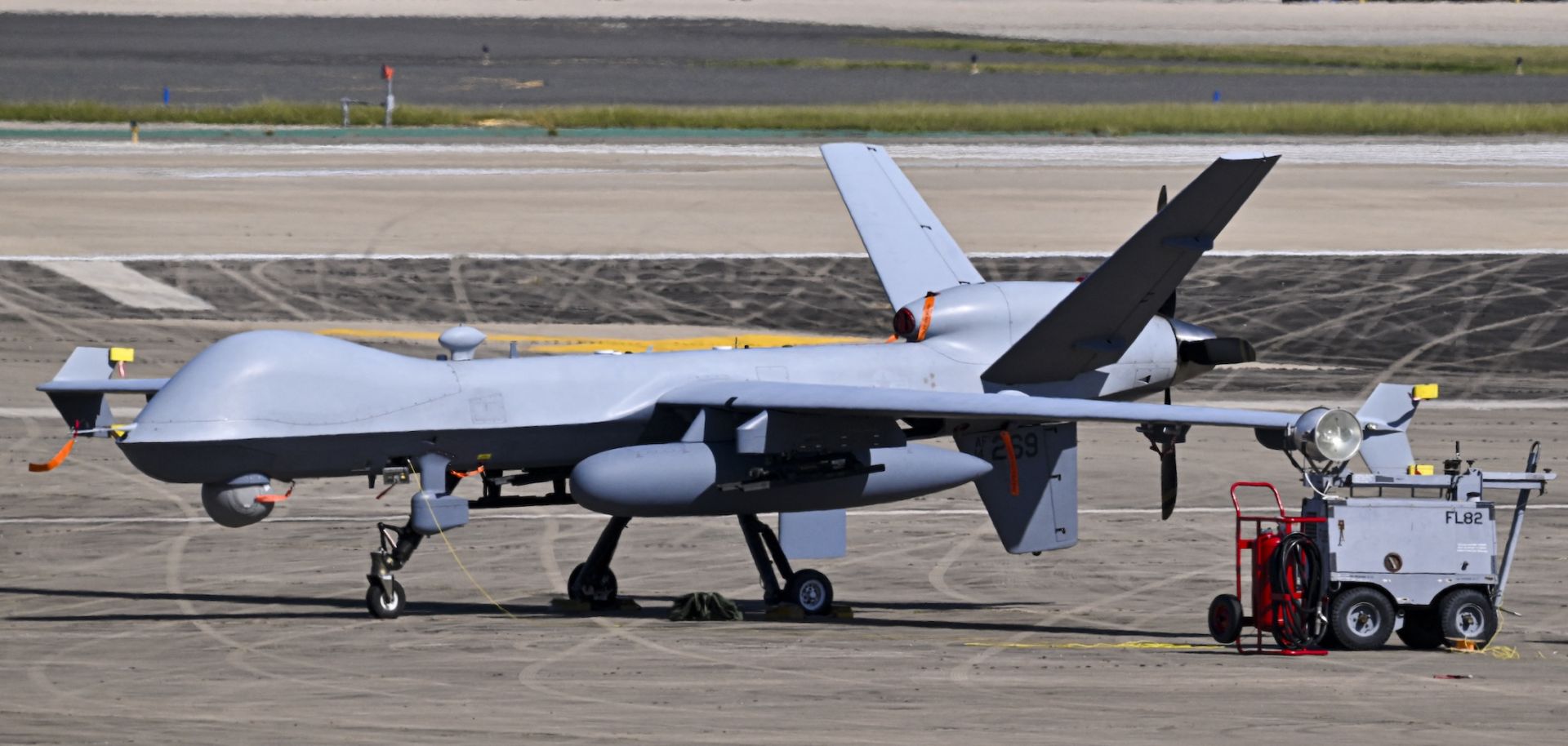 A U.S. military MQ-9 Reaper drone sits on a tarmac at Rafael Hernandez Airport in Aguadilla, Puerto Rico, on Dec. 27, 2025.
