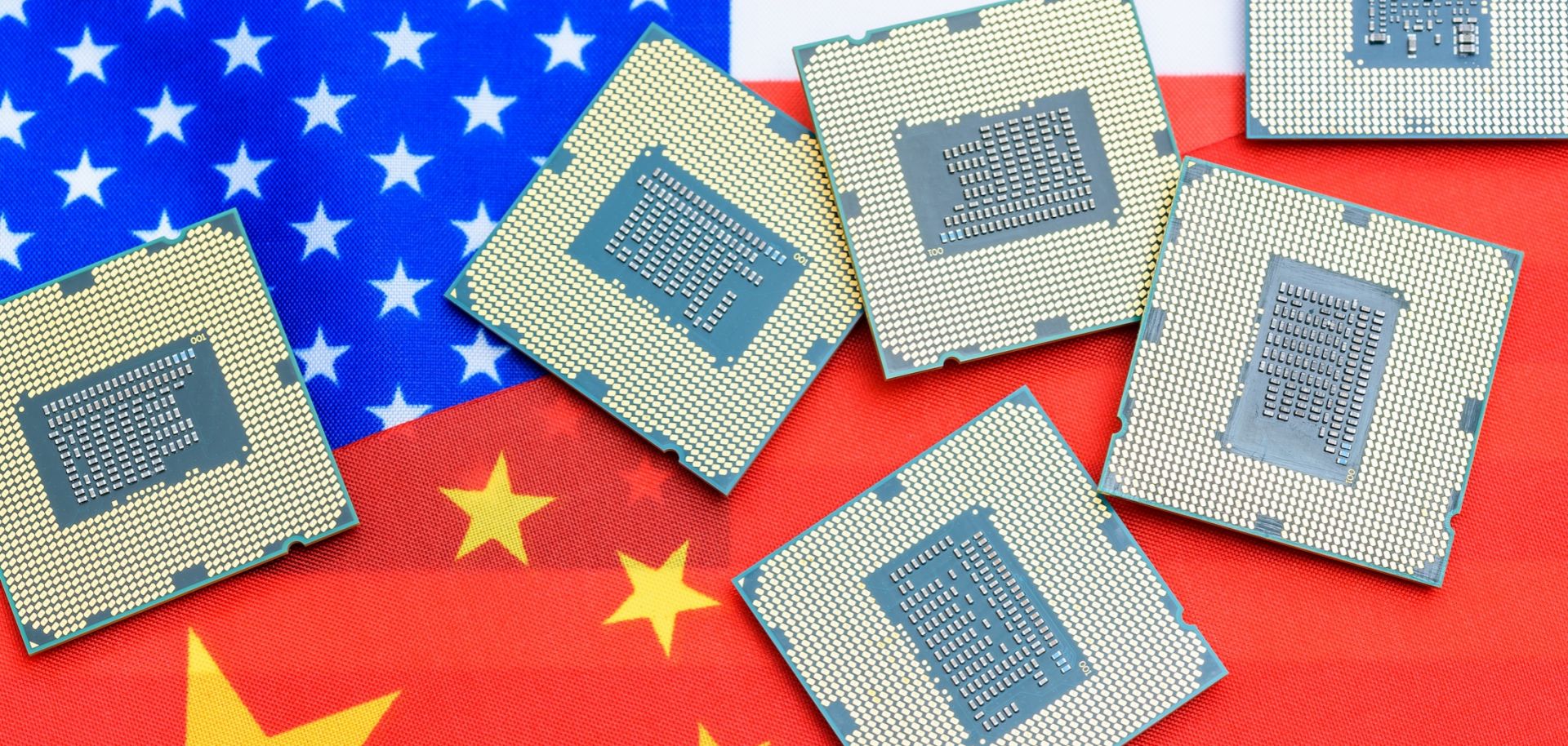 Computer chips are seen on top of the U.S. and Chinese flags.