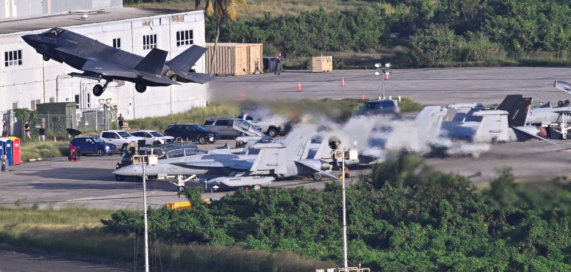 A U.S. Marine Corps F-35B fighter jet takes off from Jose Aponte de la Torre Airport on December 15, 2025 in Ceiba, Puerto Rico.
