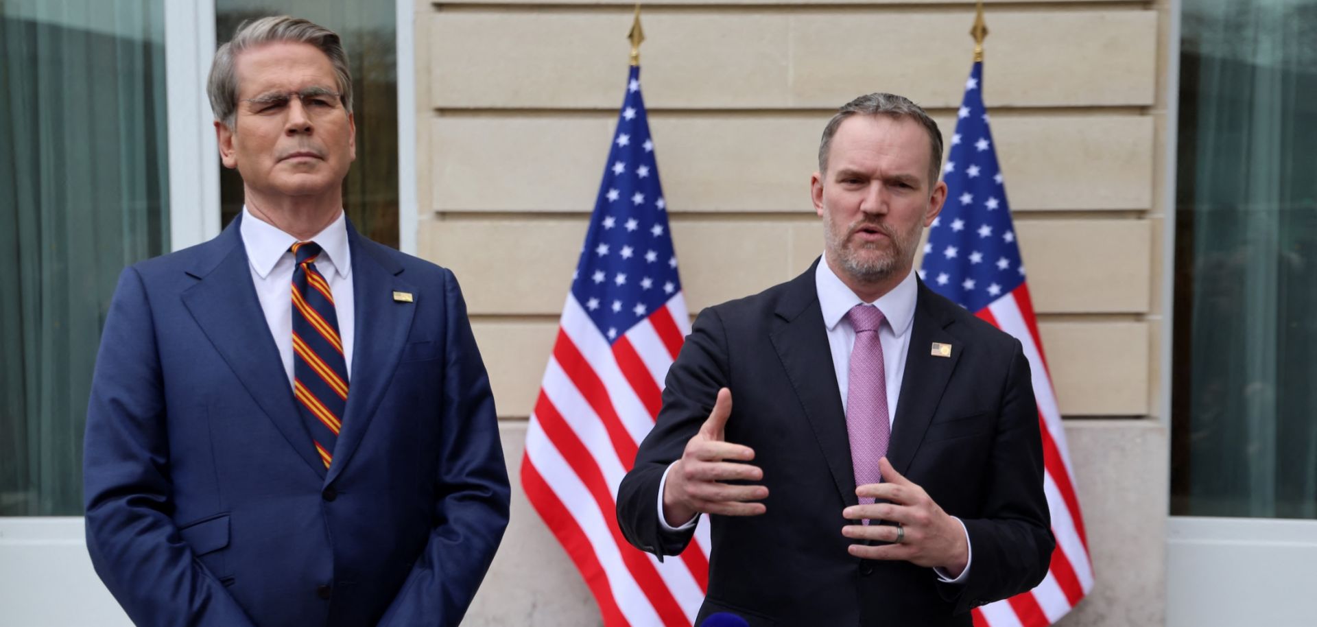 U.S. Trade Representative Jamieson Greer (right) addresses journalists next to U.S. Treasury Secretary Scott Bessent following a new round of trade discussions with Chinese officials at the OECD headquarters in Paris on March 16, 2026.