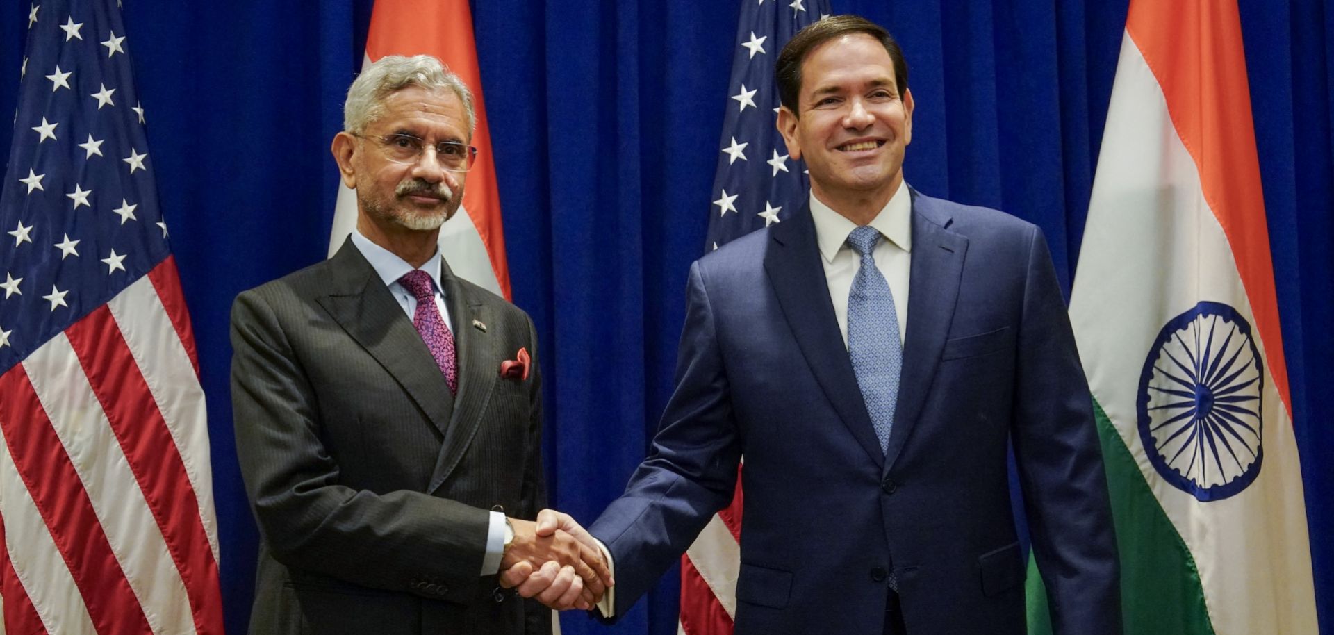 U.S. Secretary of State Marco Rubio (right) meets with Indian External Affairs Minister Subrahmanyam Jaishankar at a hotel in New York City on the sidelines of the U.N. General Assembly meeting on Sept. 22, 2025. 