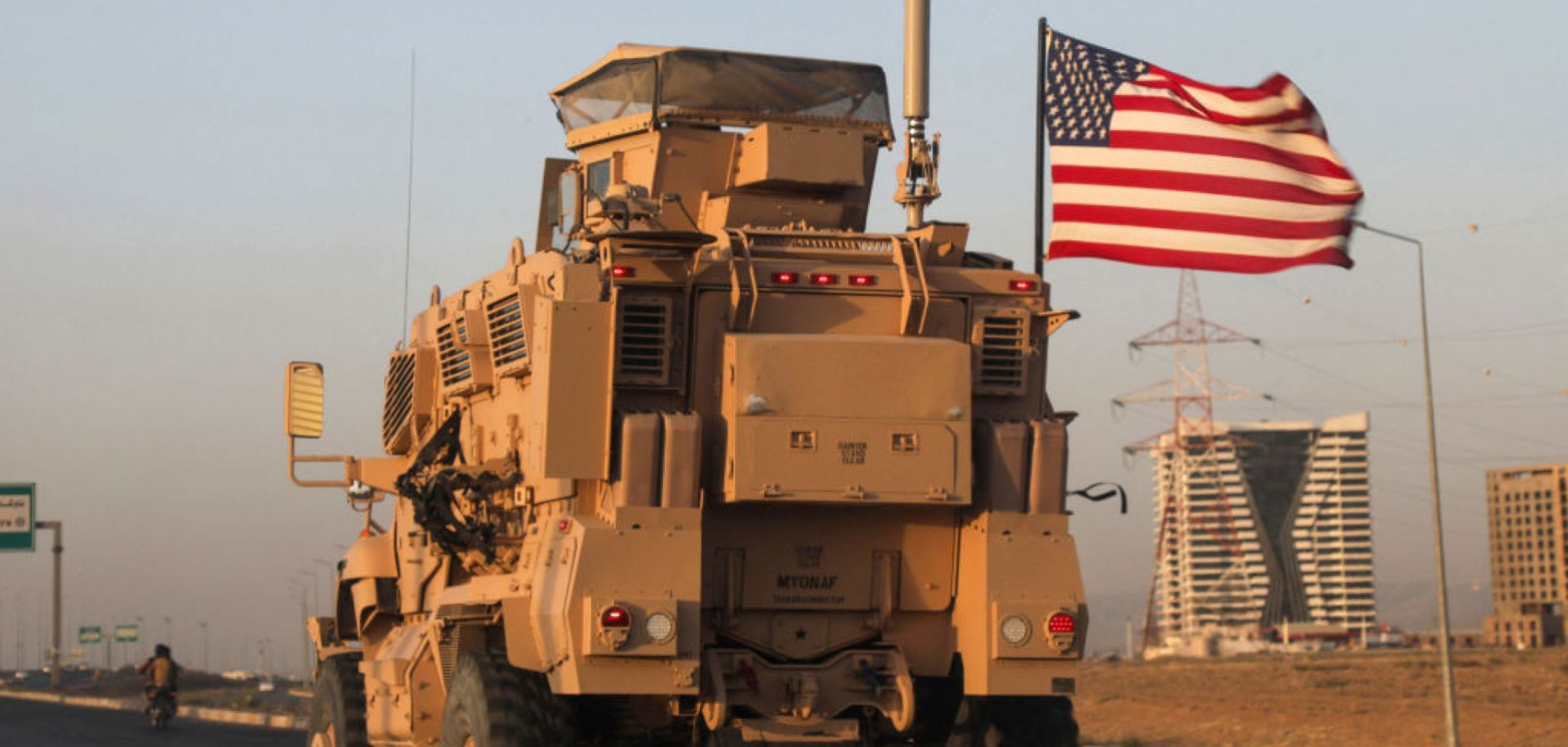 A vehicle in a U.S. military convoy drives in Arbil, the capital of Iraqi Kurdistan.