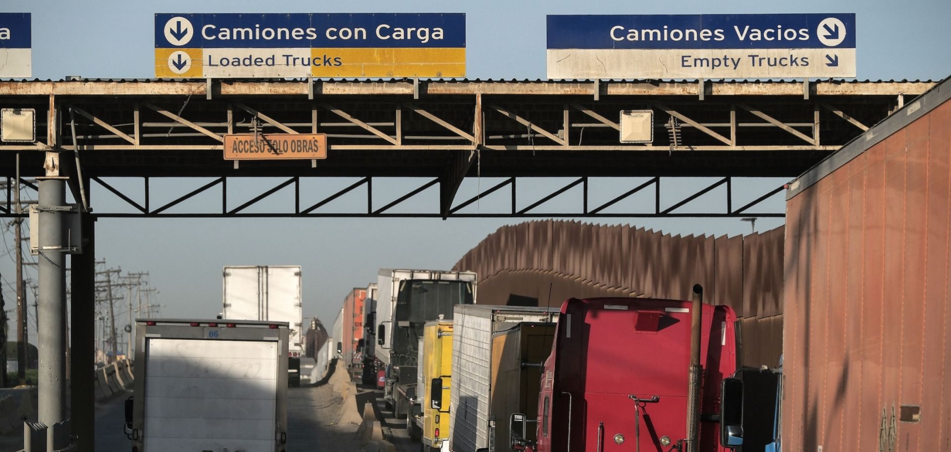 Trucks wait to enter United States on Nov. 26, 2024, at the Otay crossing port in Tijuana, Baja California state, Mexico.