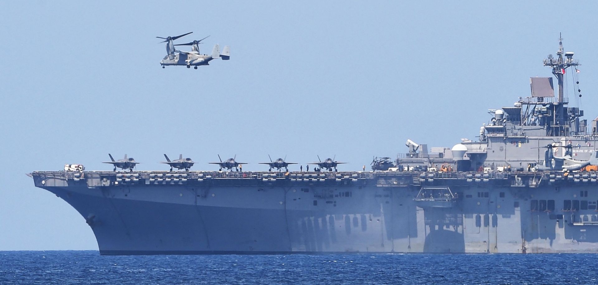 A U.S. amphibious assault ship takes part in a joint U.S.-Philippines military exercise on the shores of San Antonio town, facing the South China Sea, on April 11, 2019. 