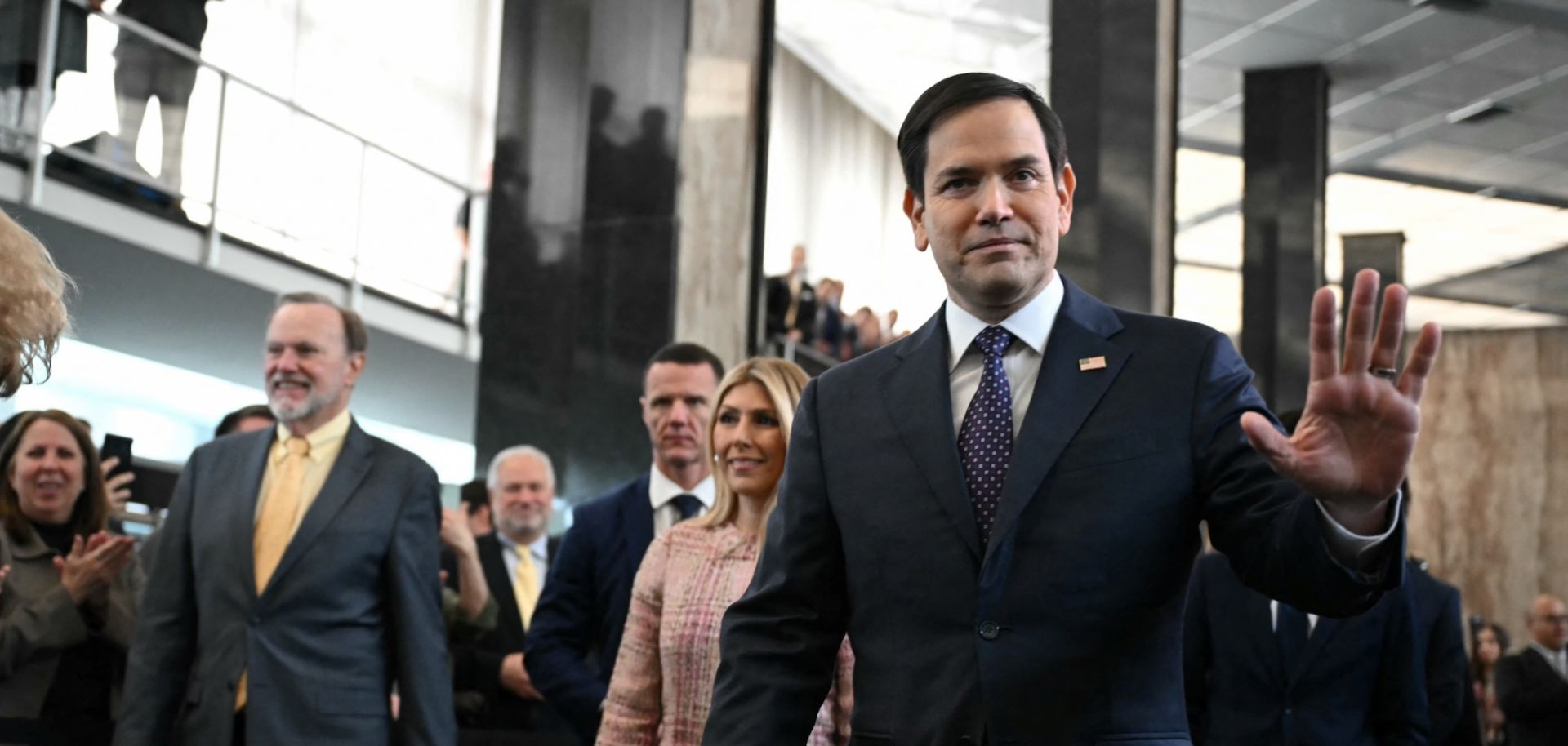 U.S. Secretary of State Marco Rubio and his wife Jeanette Rubio arrive at the State Department in Washington, D.C., to speak to employees on Jan. 21, 2025. 