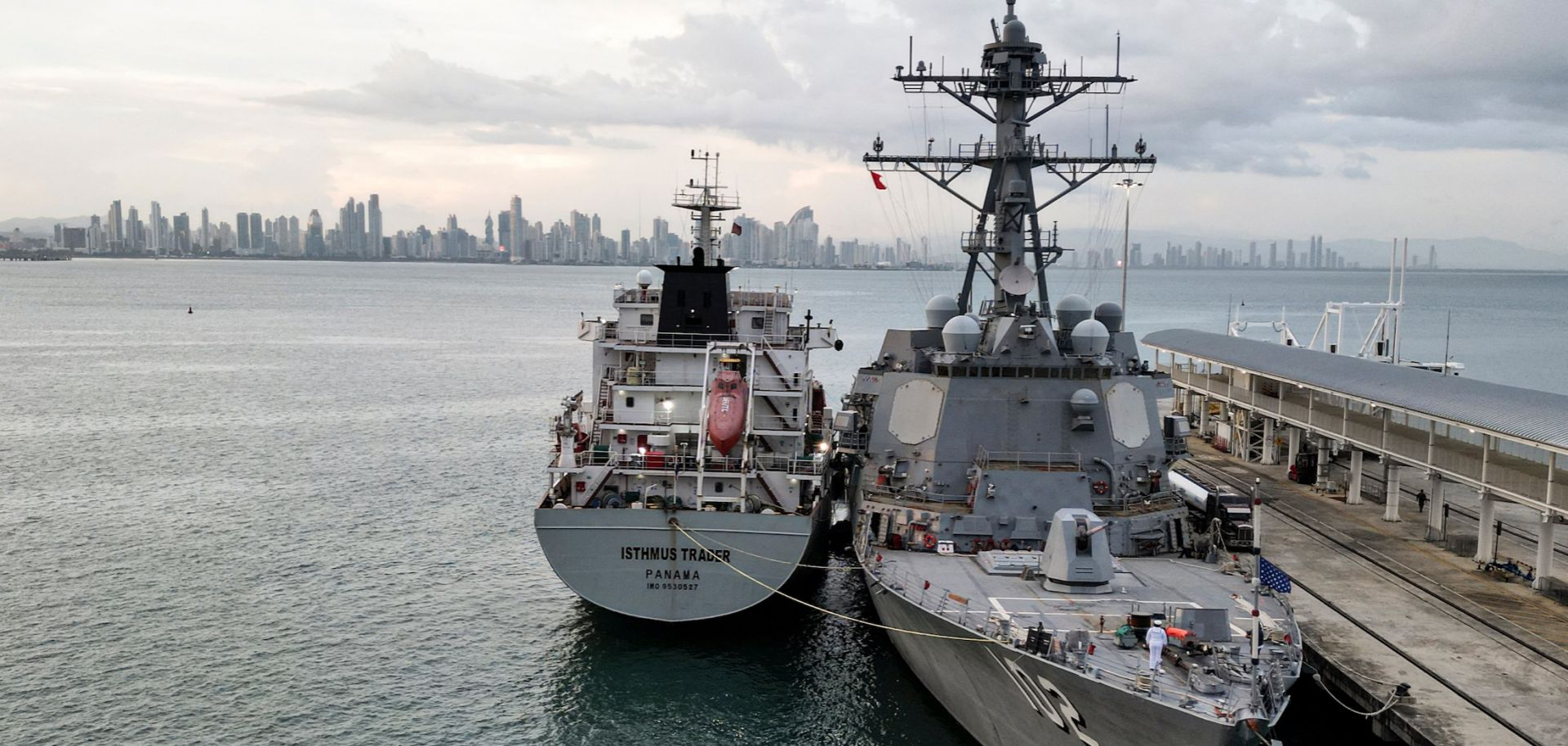 The U.S. Navy warship USS Sampson docks at the Amador International Cruise Terminal in Panama City on Aug. 30, 2025. 