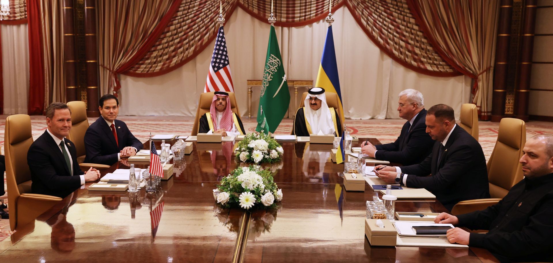 U.S. National Security Advisor Mike Waltz, U.S. Secretary of State Marco Rubio, Saudi Foreign Minister Faisal bin Farhan and National Security Advisor Mosaad bin Mohammad al-Aiban, Ukrainian Foreign Minister Andrii Sybiha, Ukrainian Head of Presidential Office Andriy Yermak and Ukrainian Minister of Defense Rustem Umerovto attend a meeting between the US and Ukraine hosted by the Saudis on March 11, 2025 in Jeddah, Saudi Arabia