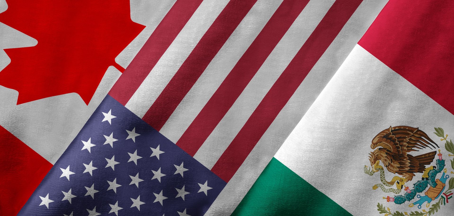 A 3D rendering of the Canadian, U.S. and Mexican flags.
