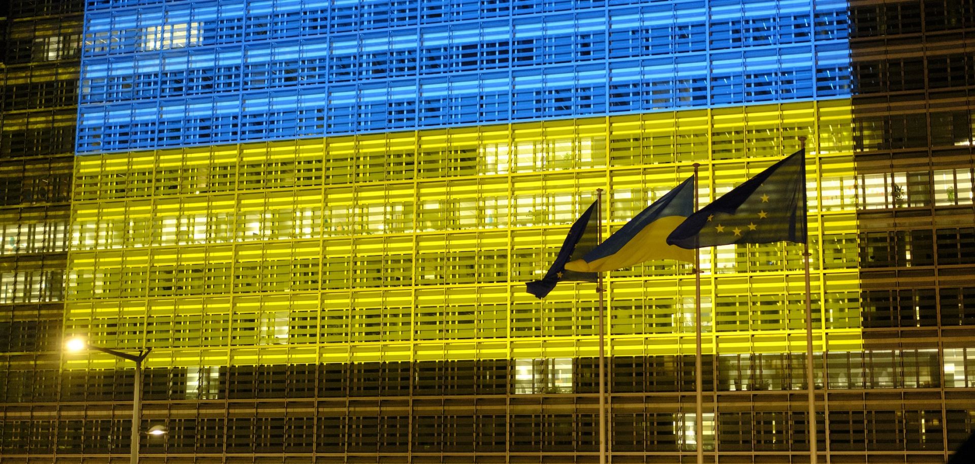 The Ukrainian flag is projected on the facade of Berlaymont, the European Commission headquarters, in Brussels on Nov. 18 to commemorate the Nov. 18, 2024, Russian invasion of Ukraine.
