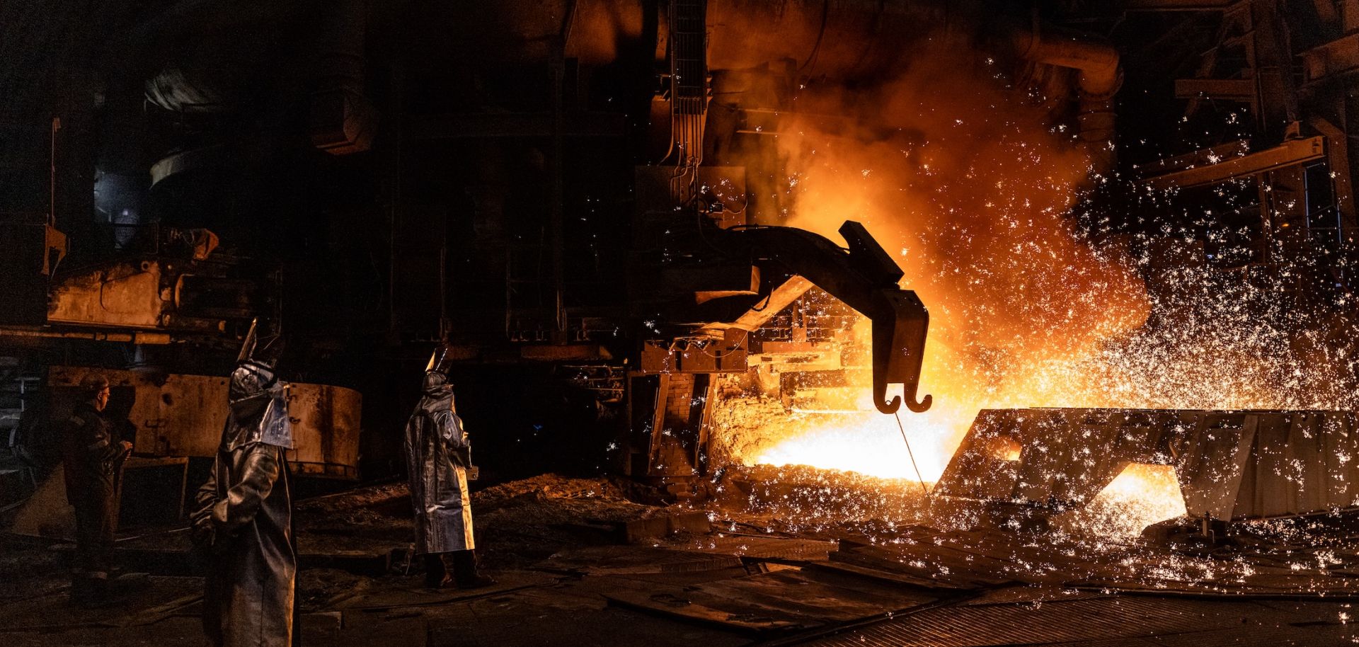 Technicians work at the main blast furnace at the Zaporizhstal Iron and Steel Works on Feb. 12, 2024 in Zaporizhzhia, Ukraine.