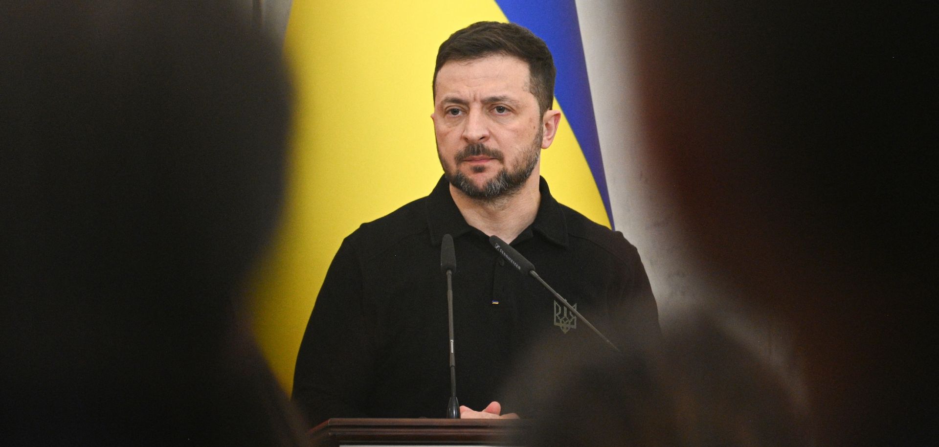 Ukrainian President Volodymyr Zelensky looks on during a joint press conference with Poland's prime minister in Lviv on Dec. 17, 2024.