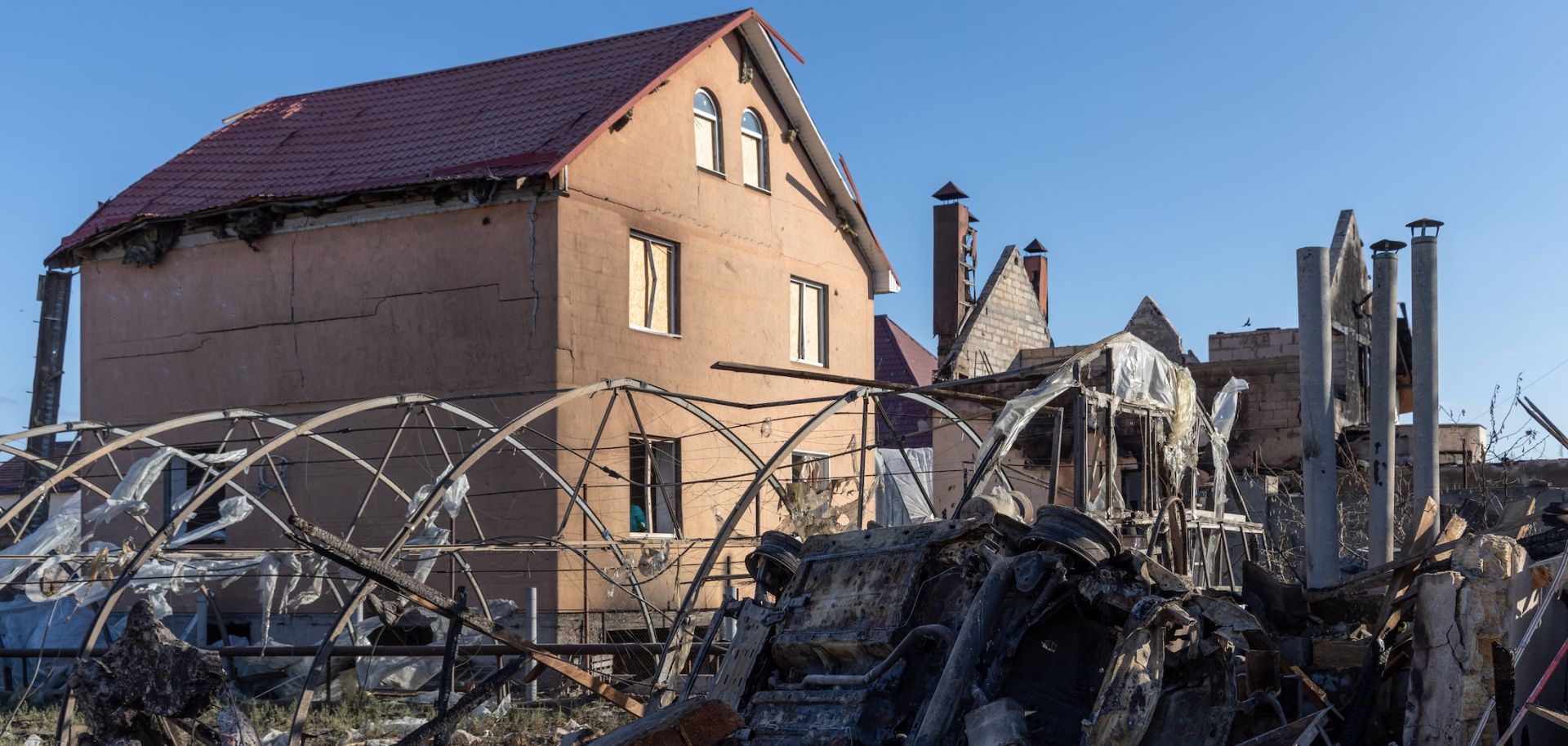 Debris lies in the courtyard of a damaged house following a missile attack at an undisclosed location in Ukraine's Odesa region on Nov. 17, 2024.