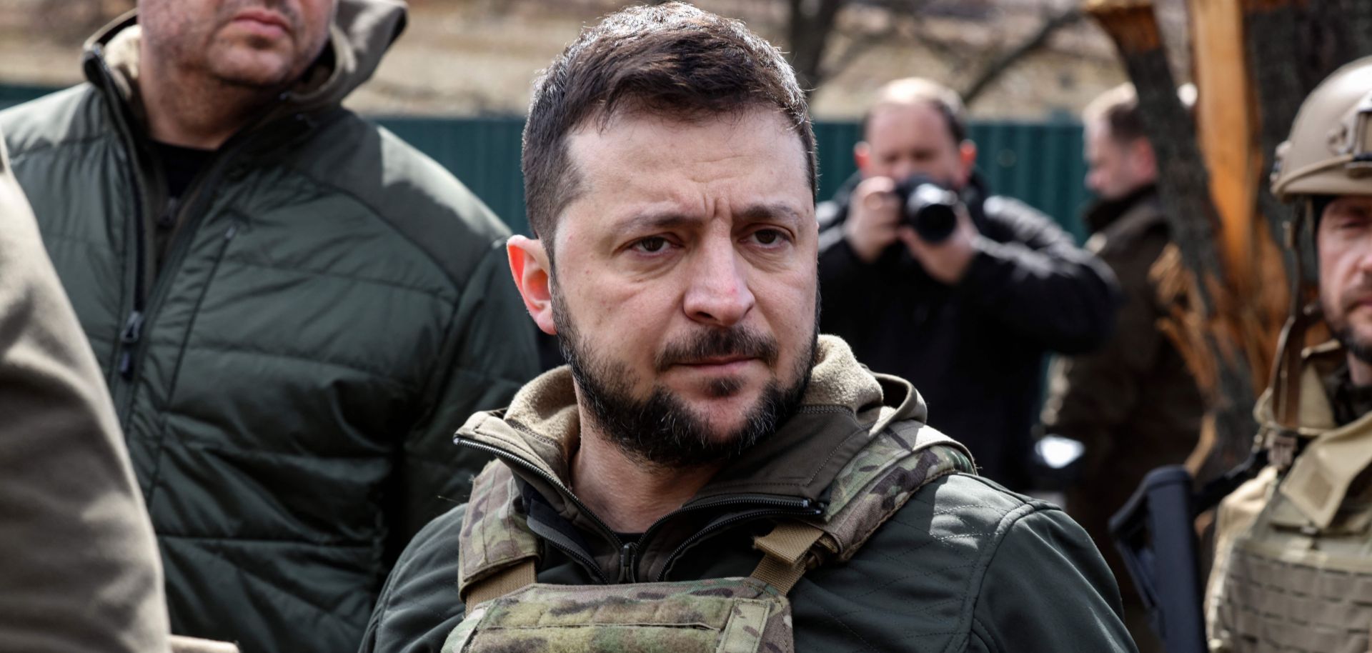 Ukrainian President Volodymyr Zelensky stands in the town of Bucha, northwest of the Ukrainian capital Kyiv, on April 4, 2022. 