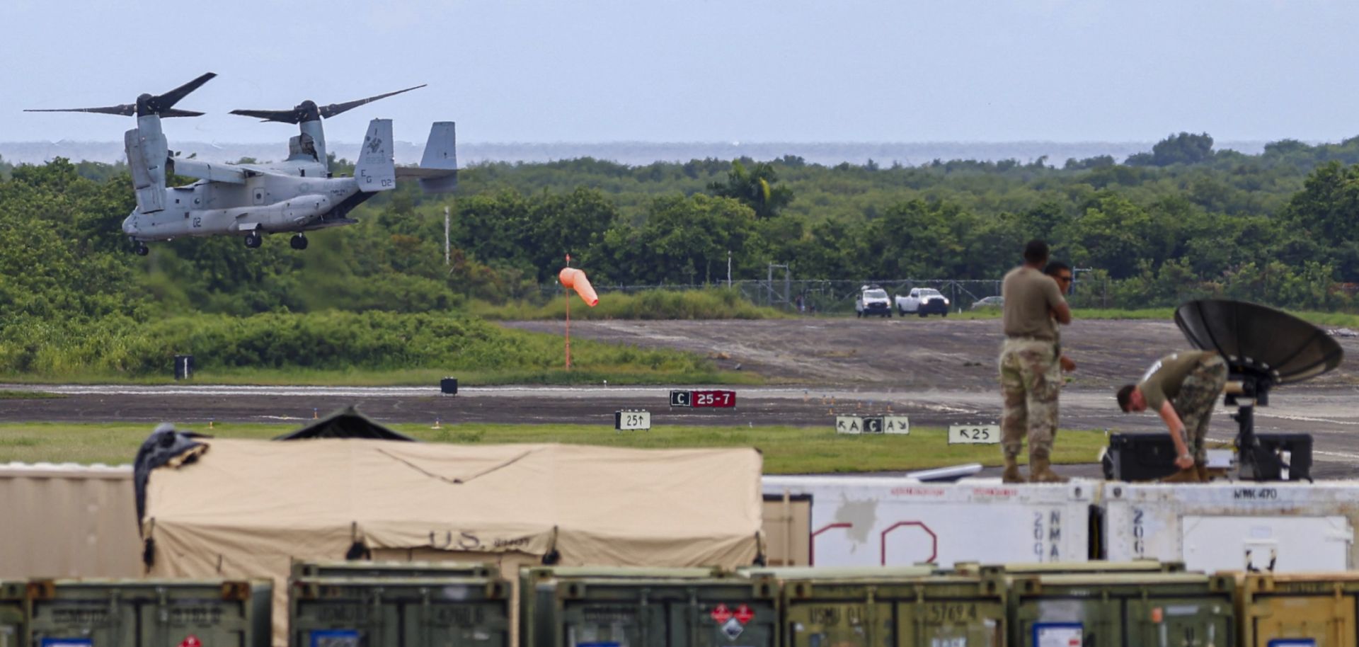 A U.S. Marine V-22 Osprey takes off from Jose Aponte de la Torre Airport, formerly Roosevelt Roads Naval Station, on Sept. 13, 2025, in Ceiba, Puerto Rico. 