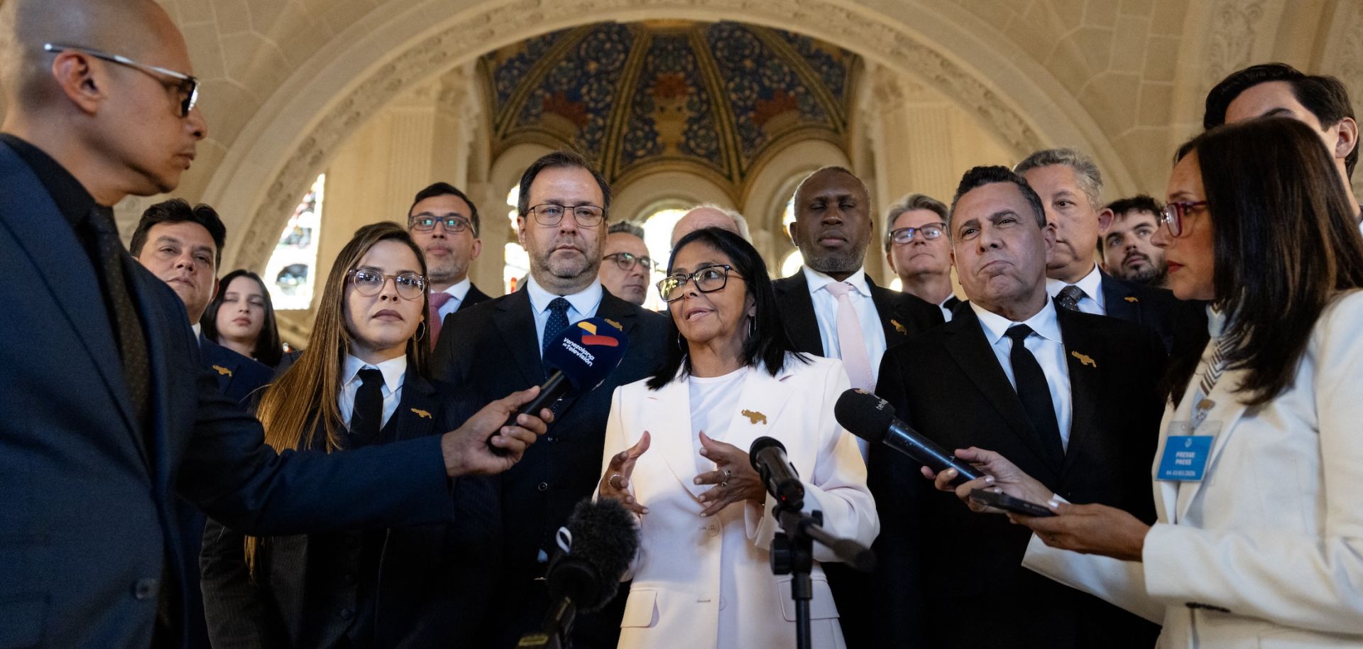 Venezuela's acting President Delcy Rodriguez speaks with journalists following a session at the International Court of Justice (ICJ) regarding the Essequibo region in The Hague on May 11. 
