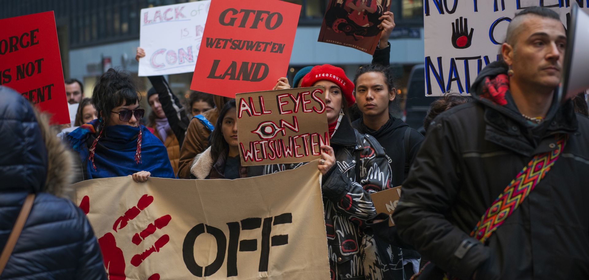 A demonstration in solidarity with the Wet'suwet'en pipeline protest on Feb. 18, 2020, outside the Canadian Consulate in New York. Disruptions to supply chains will remain the most obvious impact, but whether this spreads to new targets and geographically, including to the United States, will be important to monitor.