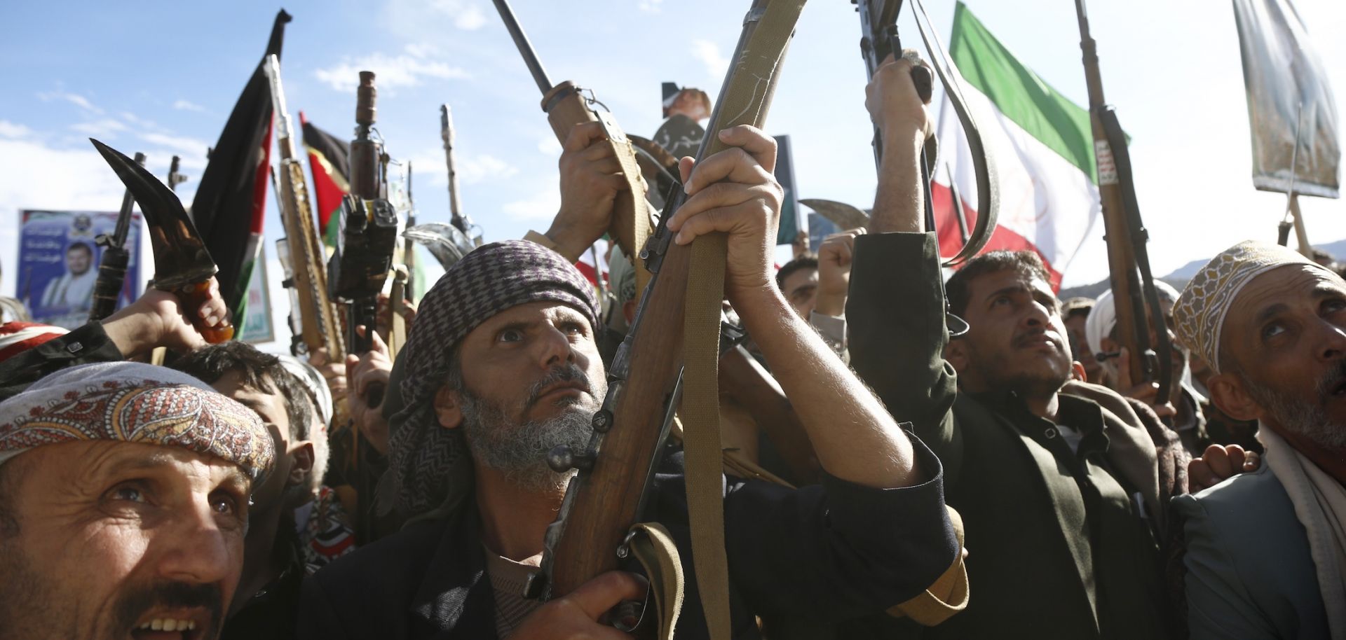 Houthi loyalists chant slogans on March 27, 2026, in Sanaa, Yemen, as they participate in a protest staged to show support for Iran in its ongoing war against the United States and Israel.
