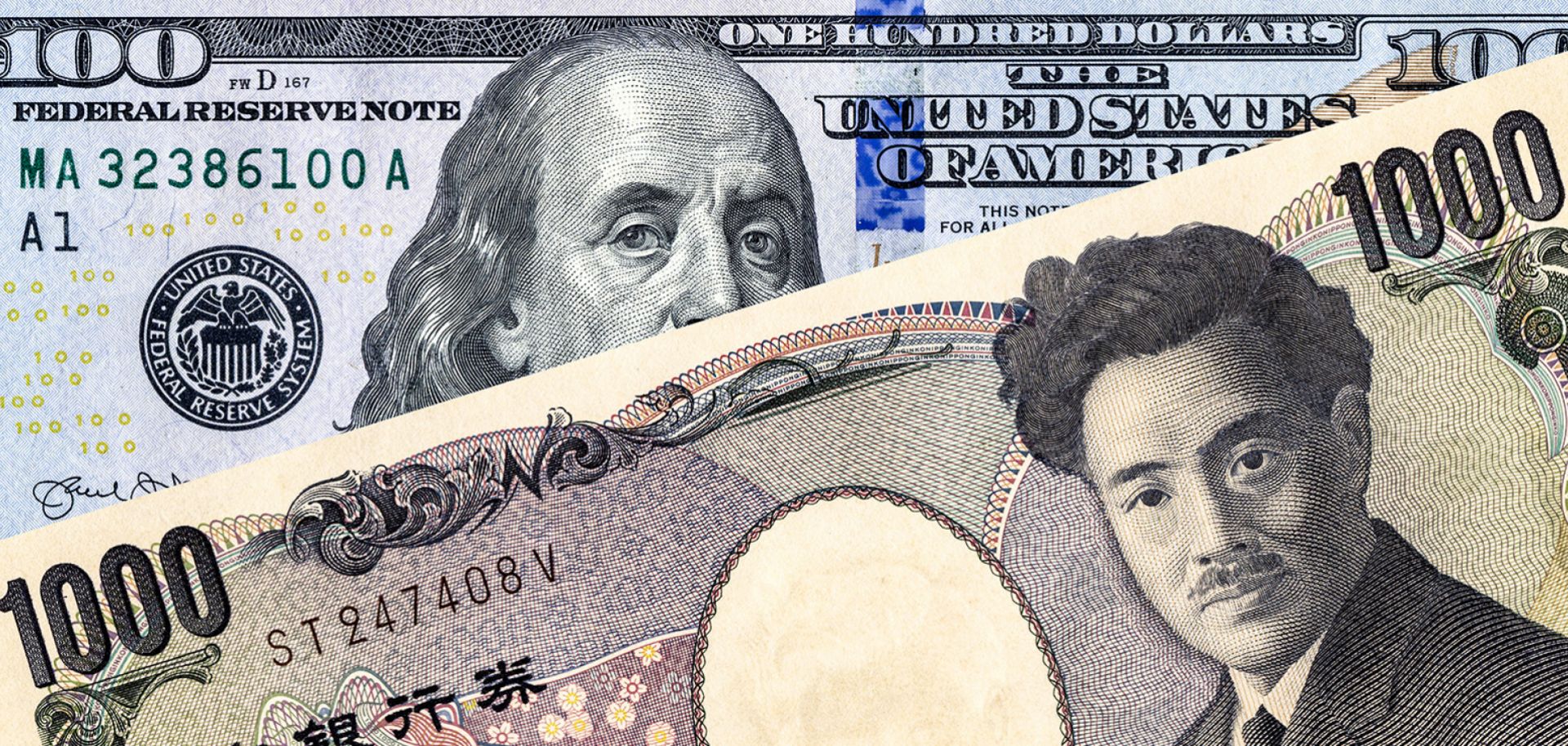 A photo illustration shows a banknote of the Japanese yen overlapping a banknote of the U.S. dollar.