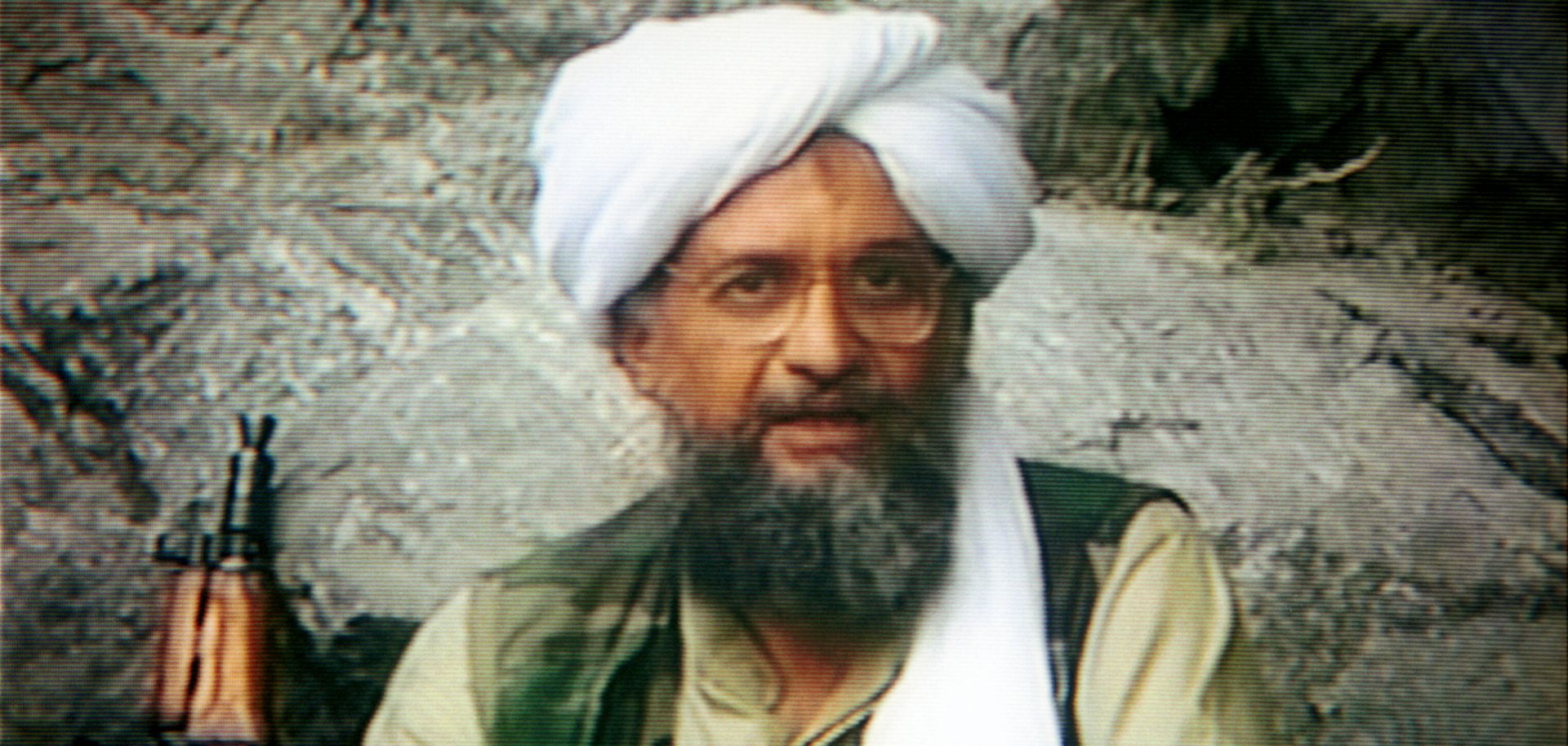 Ayman al-Zawahiri is seen on a television screen during a broadcast report. 