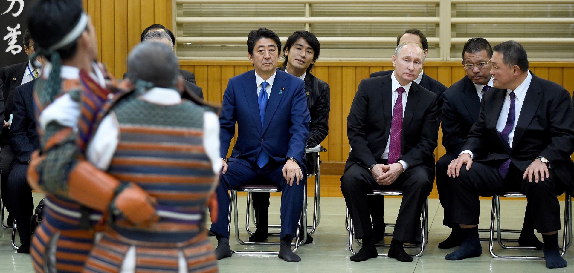Japanese Prime Minister Shinzo Abe, third from right, and Russian President Vladimir Putin watch a judo performance in Tokyo on Dec. 16, 2016.