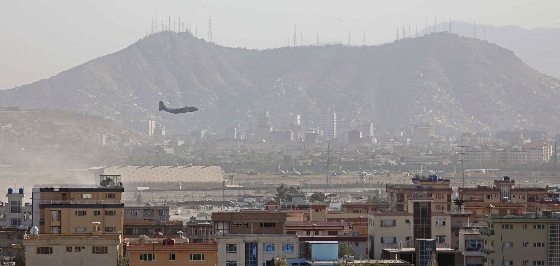 A military aircraft takes off from the airport in Kabul, Afghanistan, on Aug. 27, 2021.