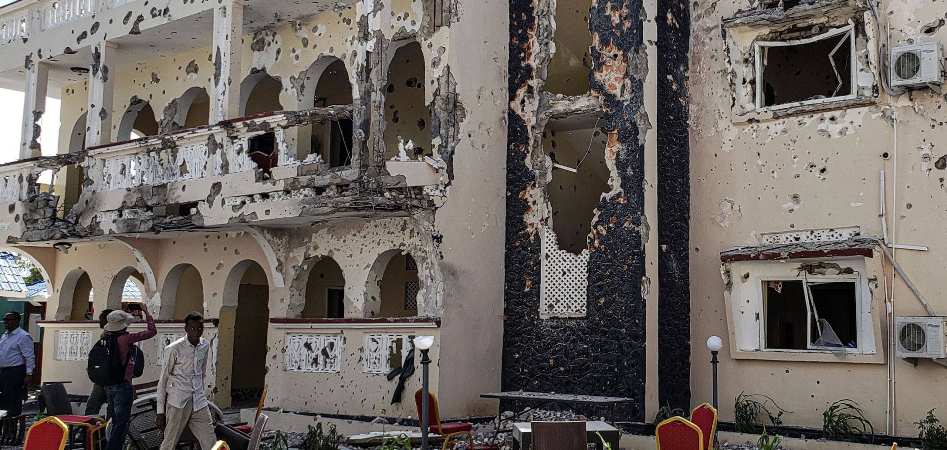 A hotel in the Somalian city of Kismayo on July 13, 2019, a day after at least 26 people, including several foreigners, were killed and 56 people were injured in a suicide bomb and gun attack claimed by al Shabaab militants.