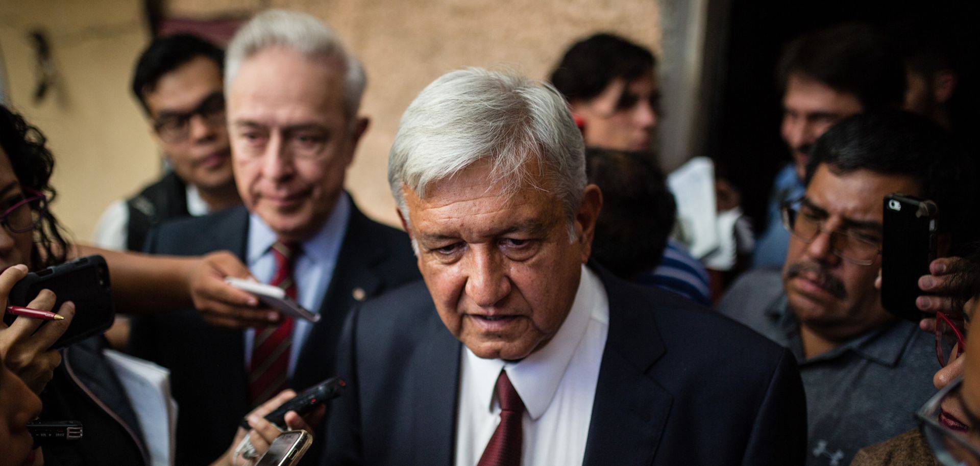 Mexican President-elect Andres Manuel Lopez Obrador speaks to reporters in Mexico City on July 5, 2018, to announce that his pick for foreign minister is former Mexico City Mayor Marcelo Ebrard.