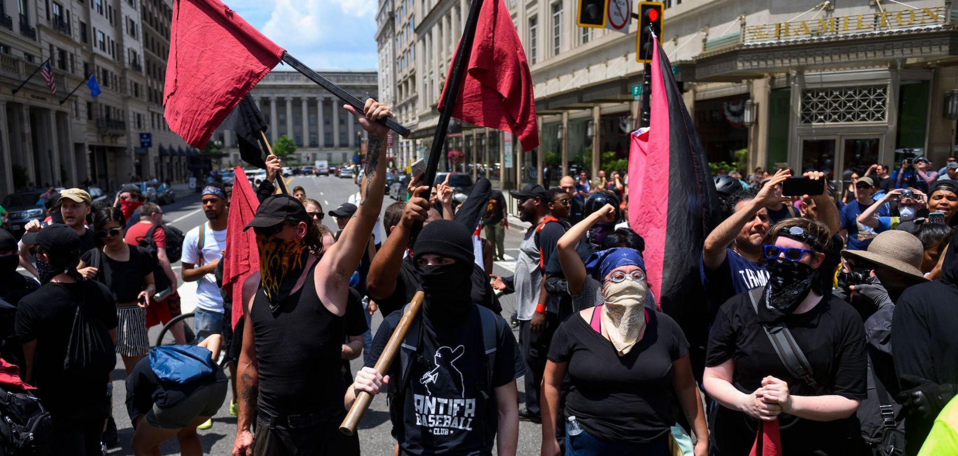 Members of an antifa group march as the Alt-Right movement gathers for a "Demand Free Speech" rally in July 6, 2019, Washington.