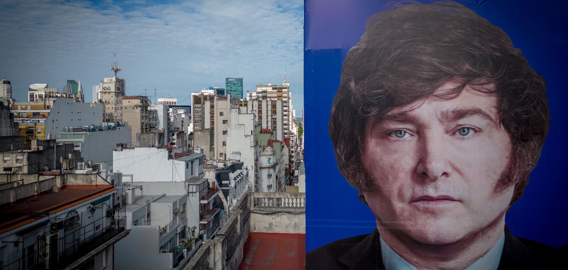 A campaign poster for incoming Argentine President Javier Milei on Nov. 30, 2023, in Buenos Aires, Argentina.