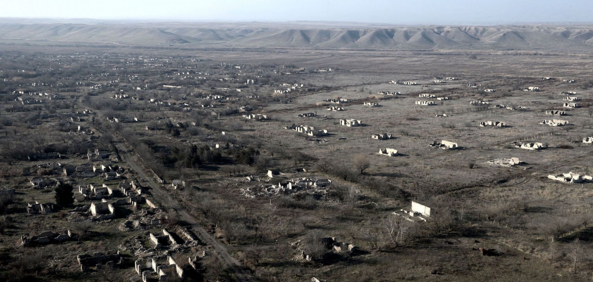 An aerial view shows the ruins of a village on Jan. 5, 2021, in an area of Nagorno-Karabakh that was recaptured by Azerbaijan in October 2020.
