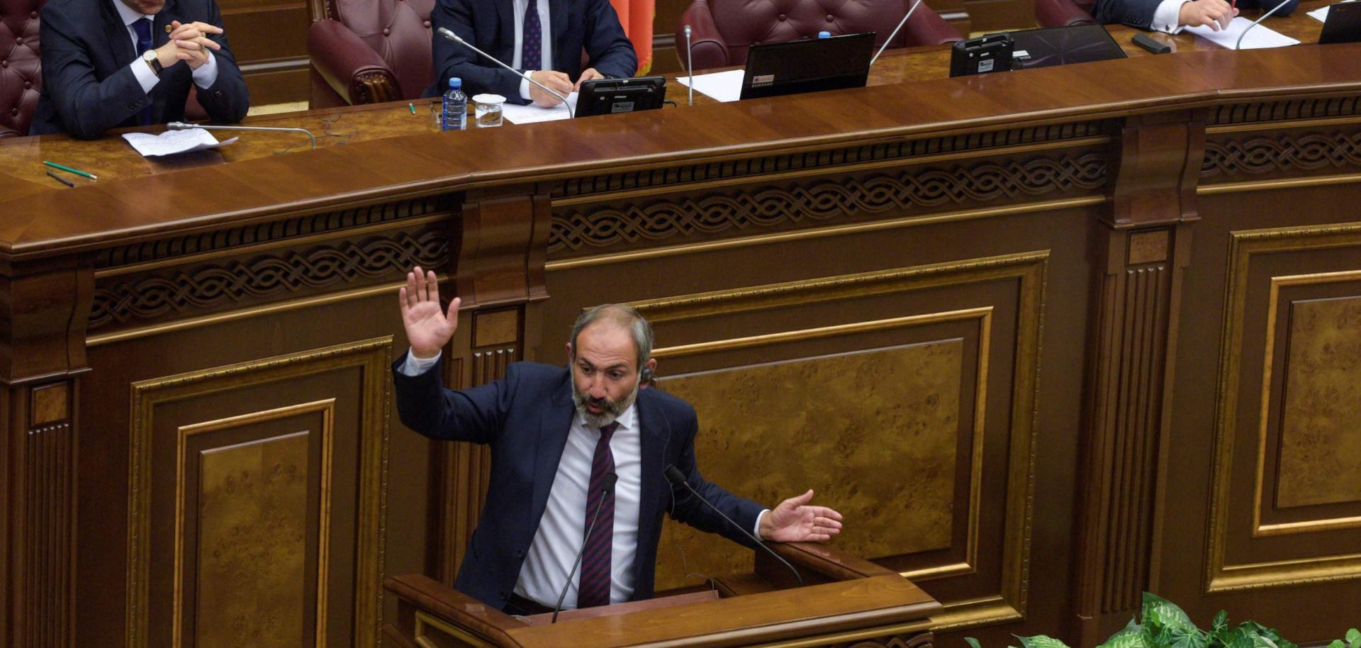 In this photo, Armenian opposition leader Nikol Pashinian speaks before parliament on May 1, 2018, during an extraordinary session to vote on a new prime minister.